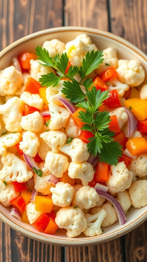 A colorful cauliflower salad with bell peppers and parsley in a bowl on a wooden table.